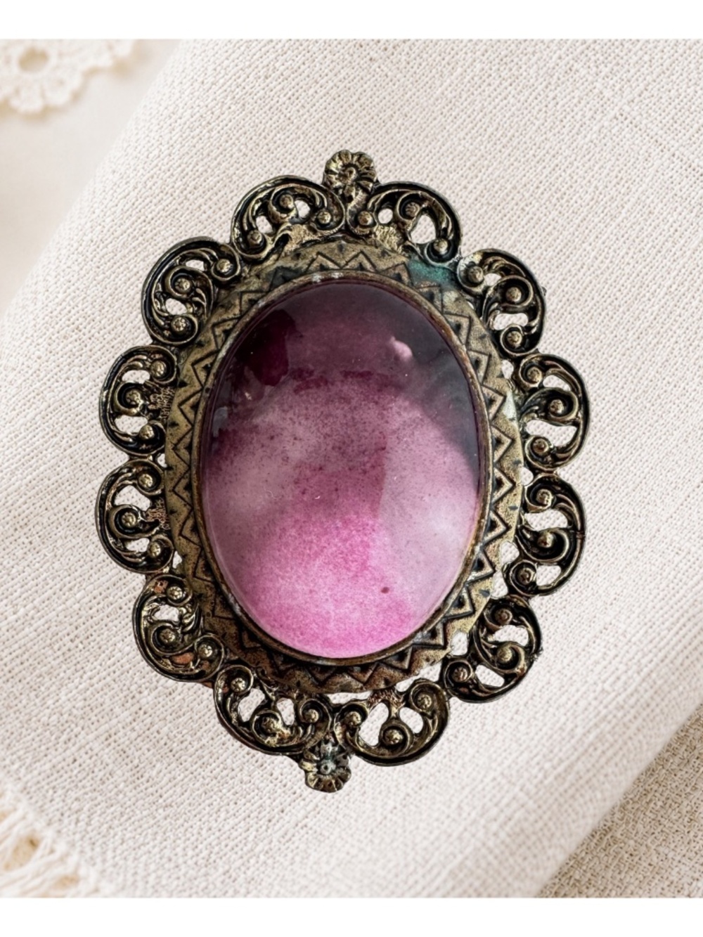 Pink Purple Enamel Brooch Bronze Filigree Scrollwork Victorian Revival Pin Vtg